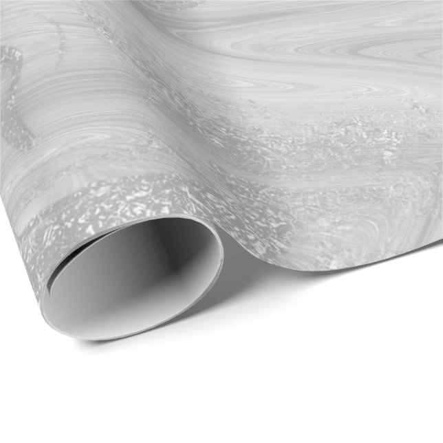 Silver Gray White Marble Molten Metallic Shiny Wrapping Paper (Roll Corner)