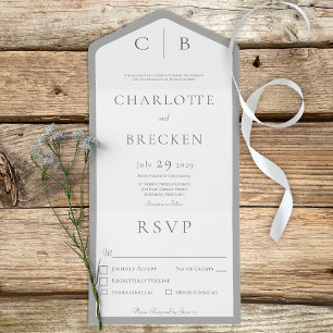 Silver Gray & White Monogram Minimal Dinner All In One Invitation