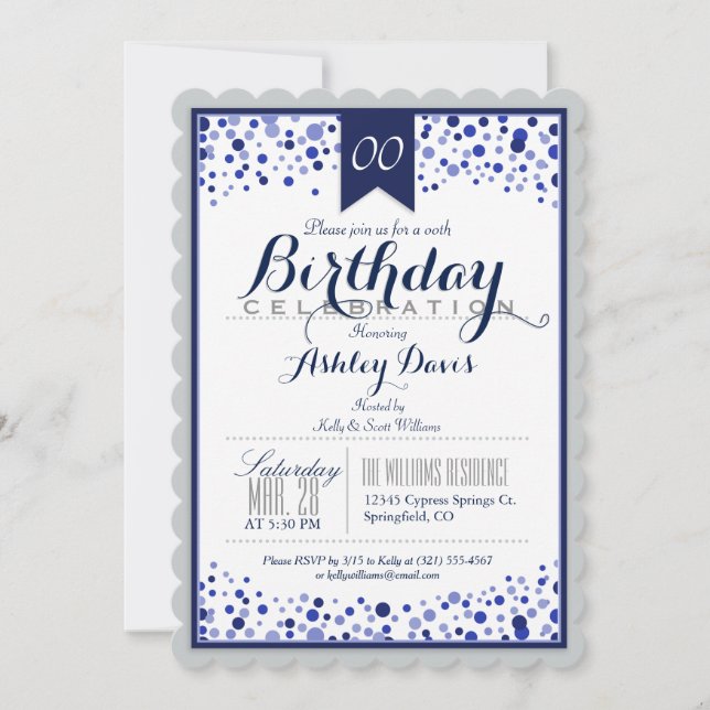 Silver Gray, White, Navy Blue Birthday Party Invitation (Front)