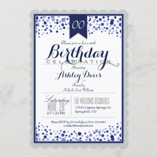Silver Gray, White, Navy Blue Birthday Party Invitation