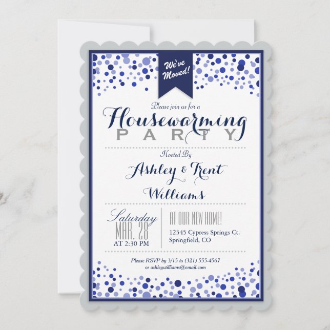 Silver Gray, White, Navy Blue Housewarming Party Invitation (Front)