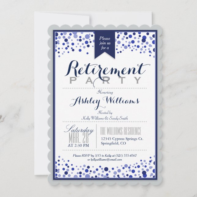 Silver Gray, White, Navy Blue Retirement Party Invitation (Front)