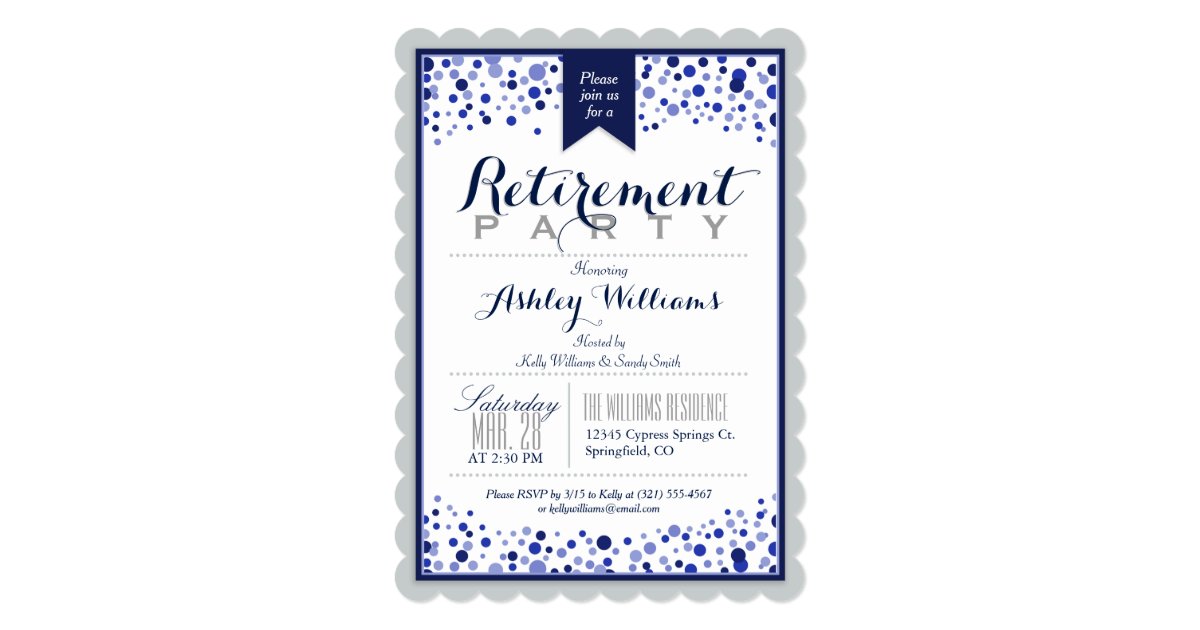 Silver Gray White Navy Blue Retirement Party Invitation