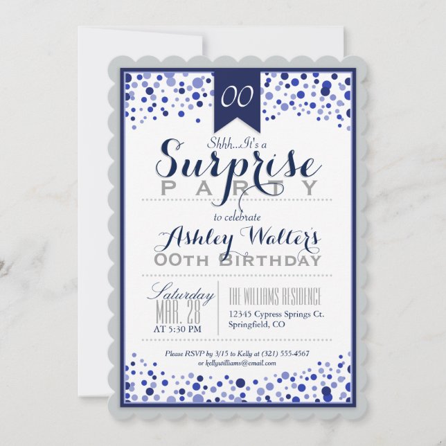 Silver Gray, White, Navy Blue Surprise Party Invitation (Front)