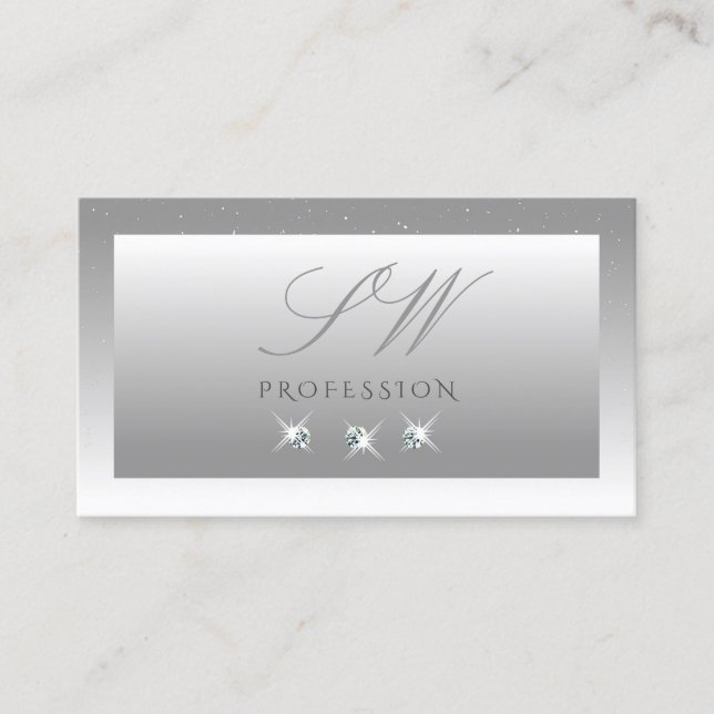 Silver Gray White Ombre Sparkling Jewels Initials Business Card (Front)