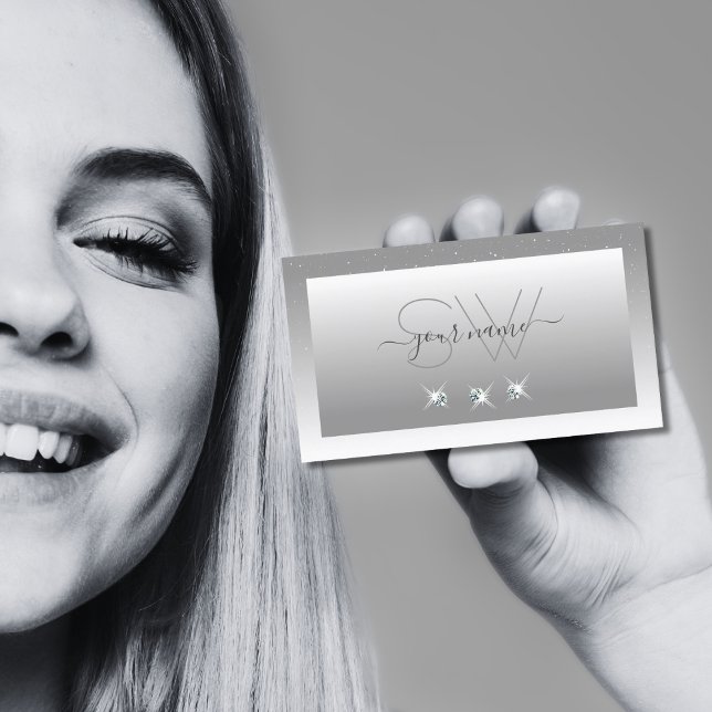 Silver Gray White Ombre Sparkling Jewels Monogram Business Card (Creator Uploaded)