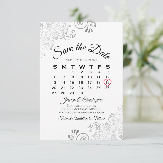 Silver Gray White Simple Elegant Wedding Calendar Save The Date (Standing Front)