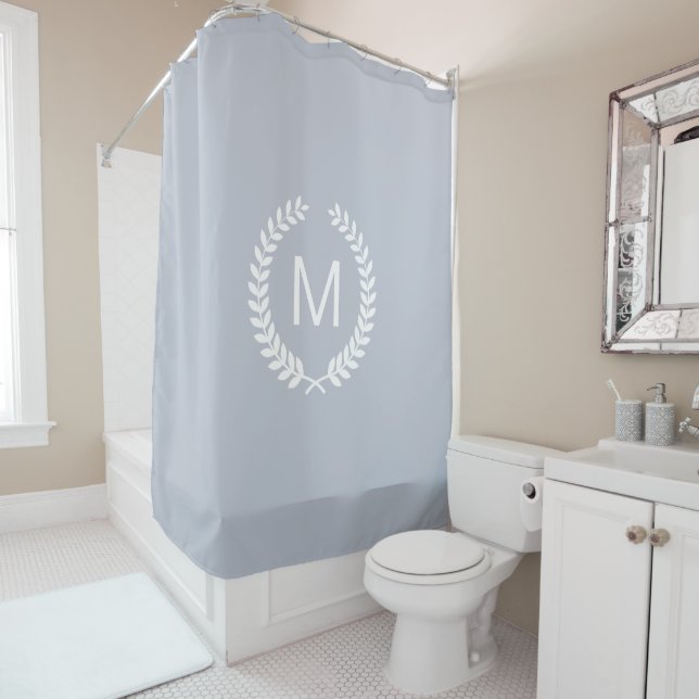 Silver Gray White Wheat Laurel Wreath Initial Shower Curtain (In Situ)