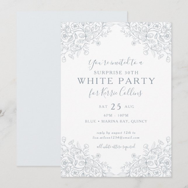 Silver Gray Wildflower Florals 30th Birthday Invitation (Front/Back)
