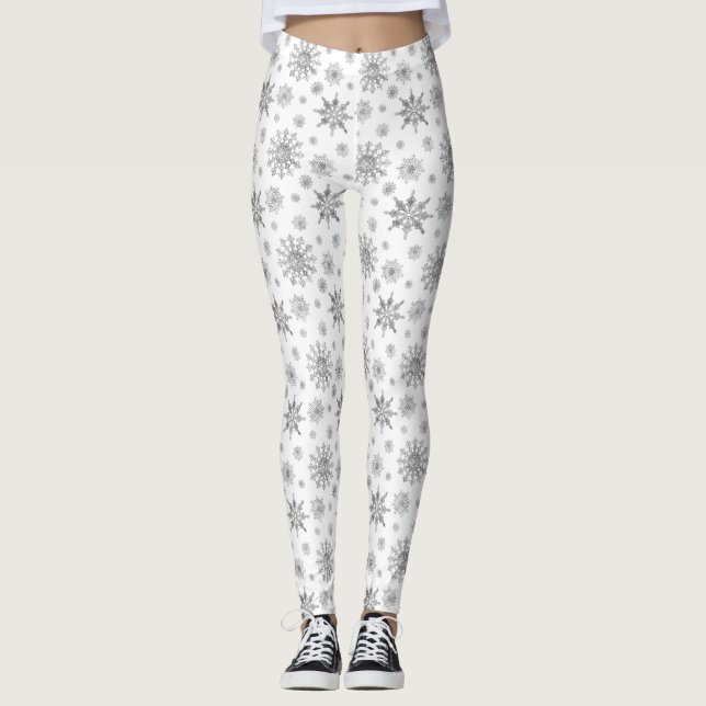 Silver Gray Winter Snowflake Pattern On White Leggings (Front)