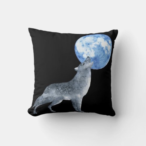Silver Gray Wolf Howling Blue Moon Black Throw Pillow