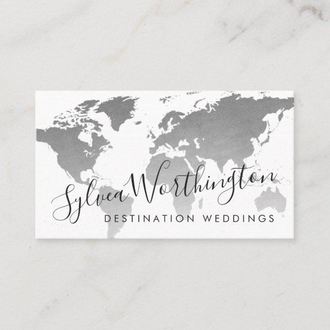 Silver Gray World Map Travel Industry Business Card (Front)