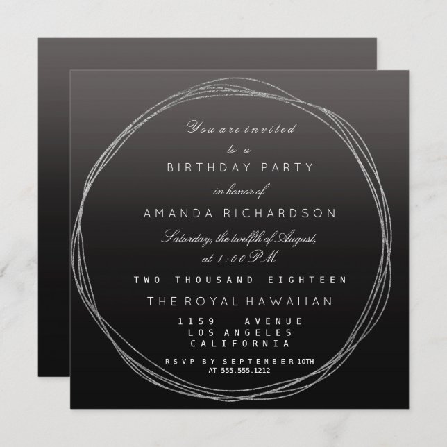 Silver Gray Wreath Birthday Black Ombre Invitation (Front/Back)