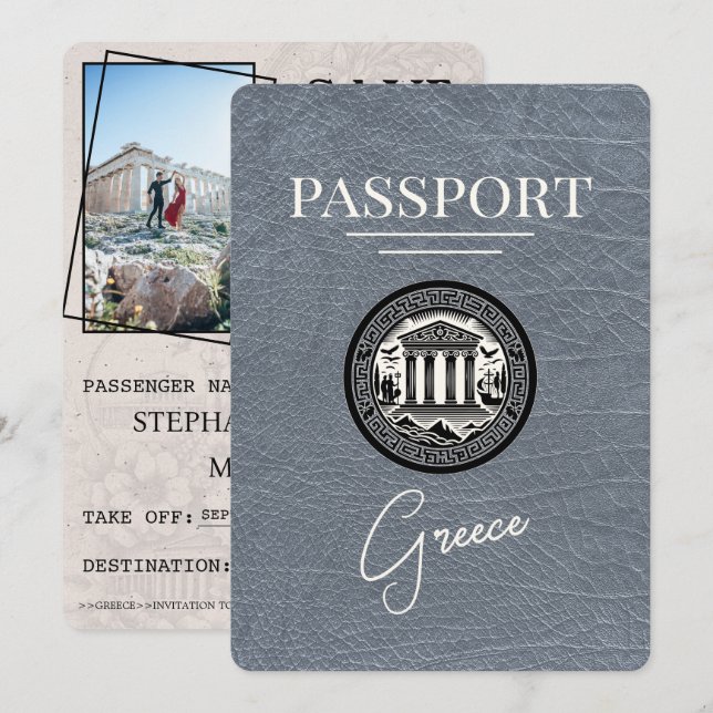 Silver Greece Passport Save the Date Card (Front/Back)