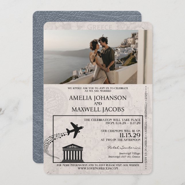 Silver Greece Passport Wedding Invitation (Front/Back)