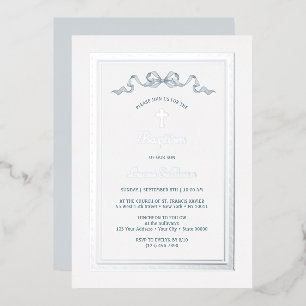 Silver Greek Frame Dusty Blue Bow Baptism Foil Invitation