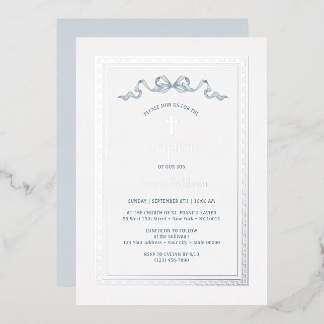 Silver Greek Frame Dusty Blue Bow Baptism Foil Invitation (Front/Back)
