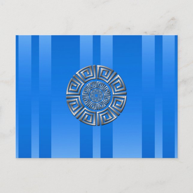 Silver Greek Meander Circle on Blue Modern Pattern Postcard (Front)