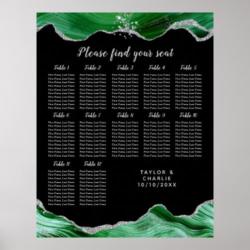 Silver Green Agate Wedding 12 Table Seating Chart