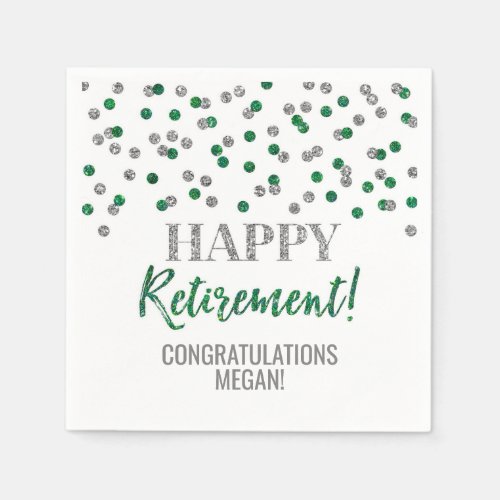 Silver Green Confetti Happy Retirement Napkins