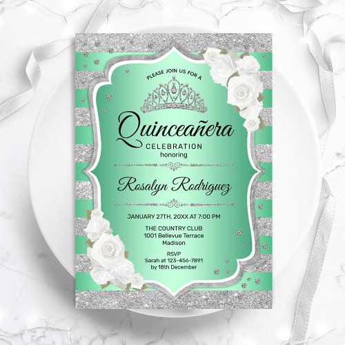 Silver Green Elegant Quinceanera Invitation