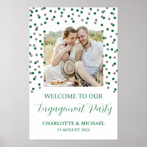 Silver Green Engagement Party Custom 12x18 Photo Poster