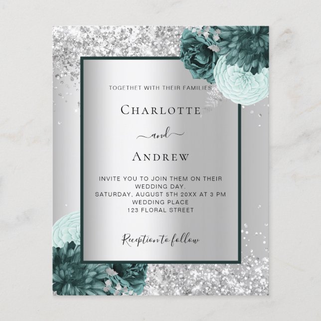 Silver green floral budget wedding invitation flyer (Front)
