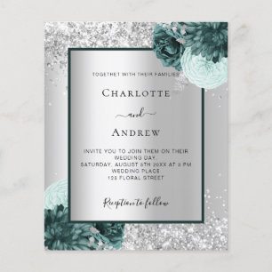 Silver green floral budget wedding invitation flyer