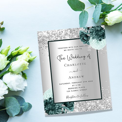 Silver green floral budget wedding invitation flyer