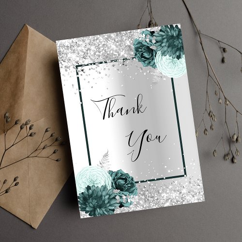 Silver green floral glitter elegant glamorous thank you card