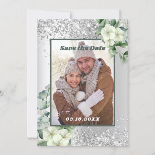 Silver green floral photo Save the Date wedding