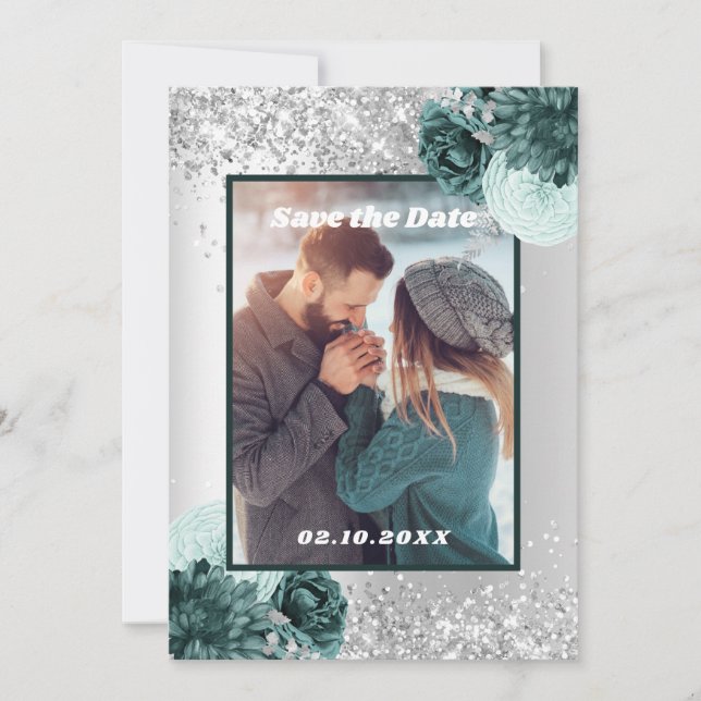 Silver green floral photo Save the Date wedding (Front)