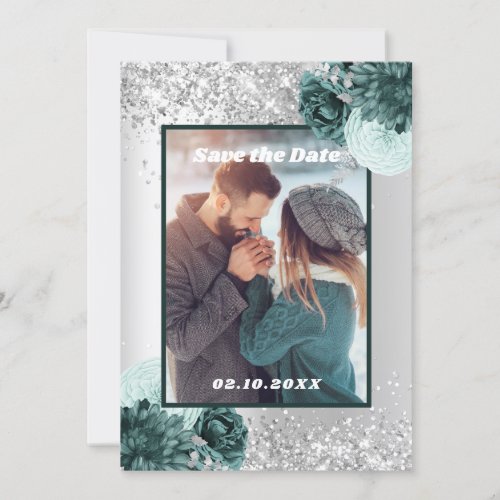 Silver green floral photo Save the Date wedding