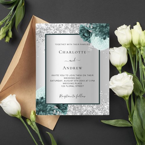 Silver green floral wedding invitation