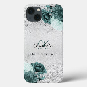Silver green florals elegant monogram name iPhone 13 case