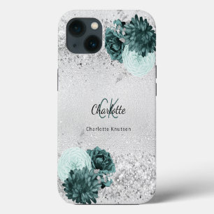 Silver green florals elegant monogram name iPhone 13 case