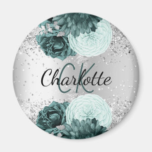 Silver green florals elegant monogram name magnet