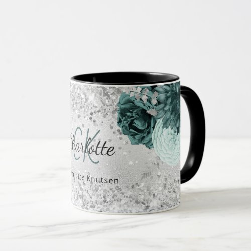 Silver green florals elegant monogram name mug