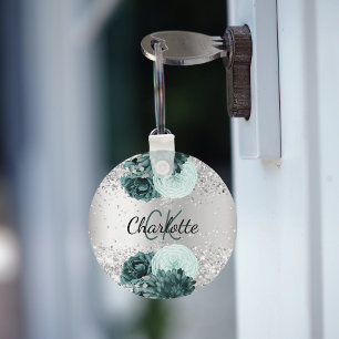 Silver green florals elegant name keychain