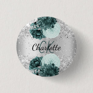 Silver green florals elegant name tag button