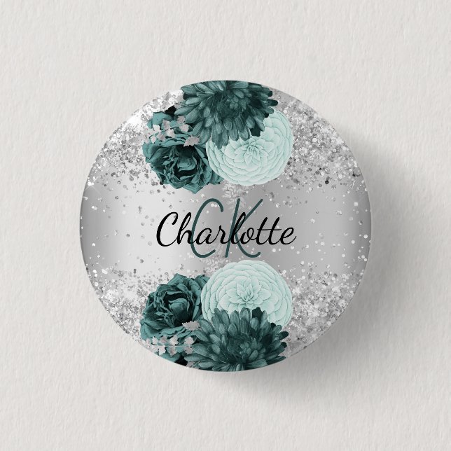 Silver green florals elegant name tag button (Front)