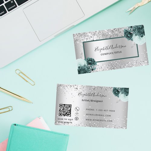 Silver green florals elegant QR code Business Card