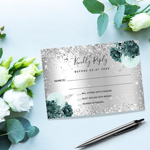 Silver green florals glitter wedding RSVP Note Card