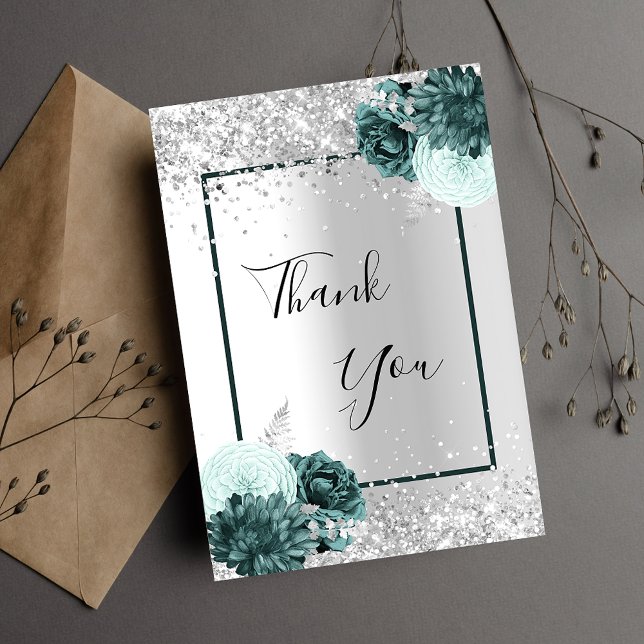 Silver green florals thank you card (Creator Uploaded)