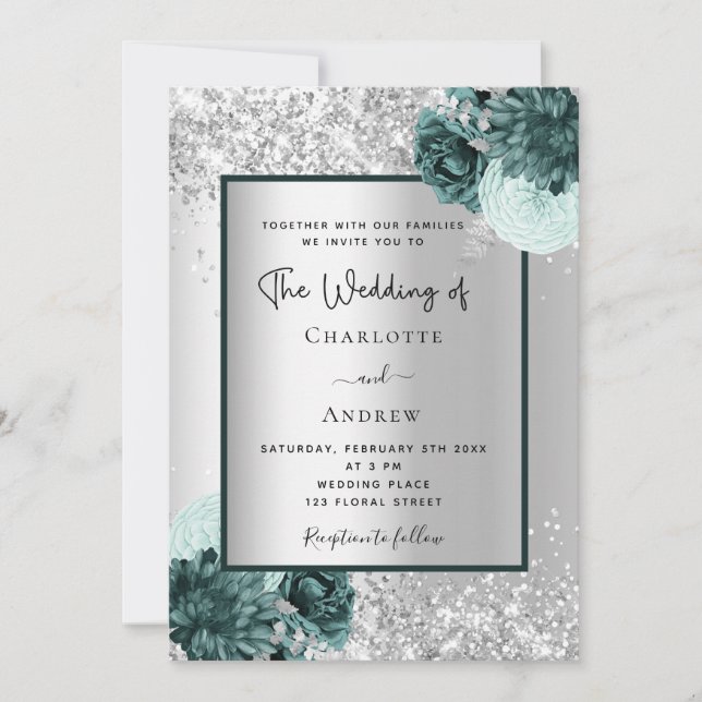 Silver green florals wedding invitation (Front)
