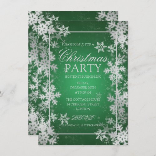 Silver Green Foil Snowflakes Christmas Party Invitation