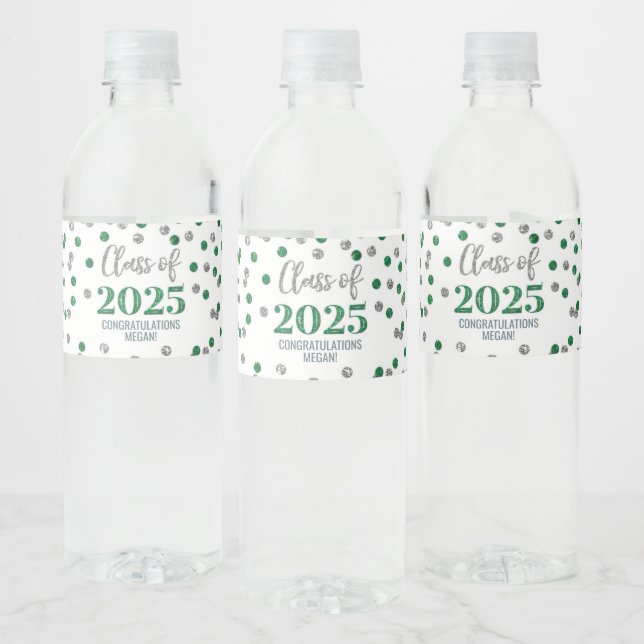 Silver Green Glitter Class of 2025 Graduation Water Bottle Label (Bottles)