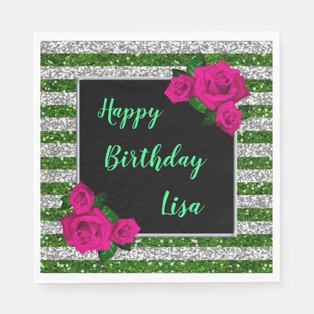 Silver Green Glitter Stripes Pink Roses Birthday Napkins (Front)