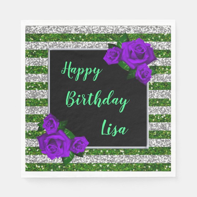 Silver Green Glitter Stripes Purple Roses Birthday Napkins (Front)
