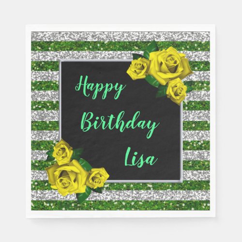 Silver Green Glitter Stripes Yellow Roses Birthday Napkins